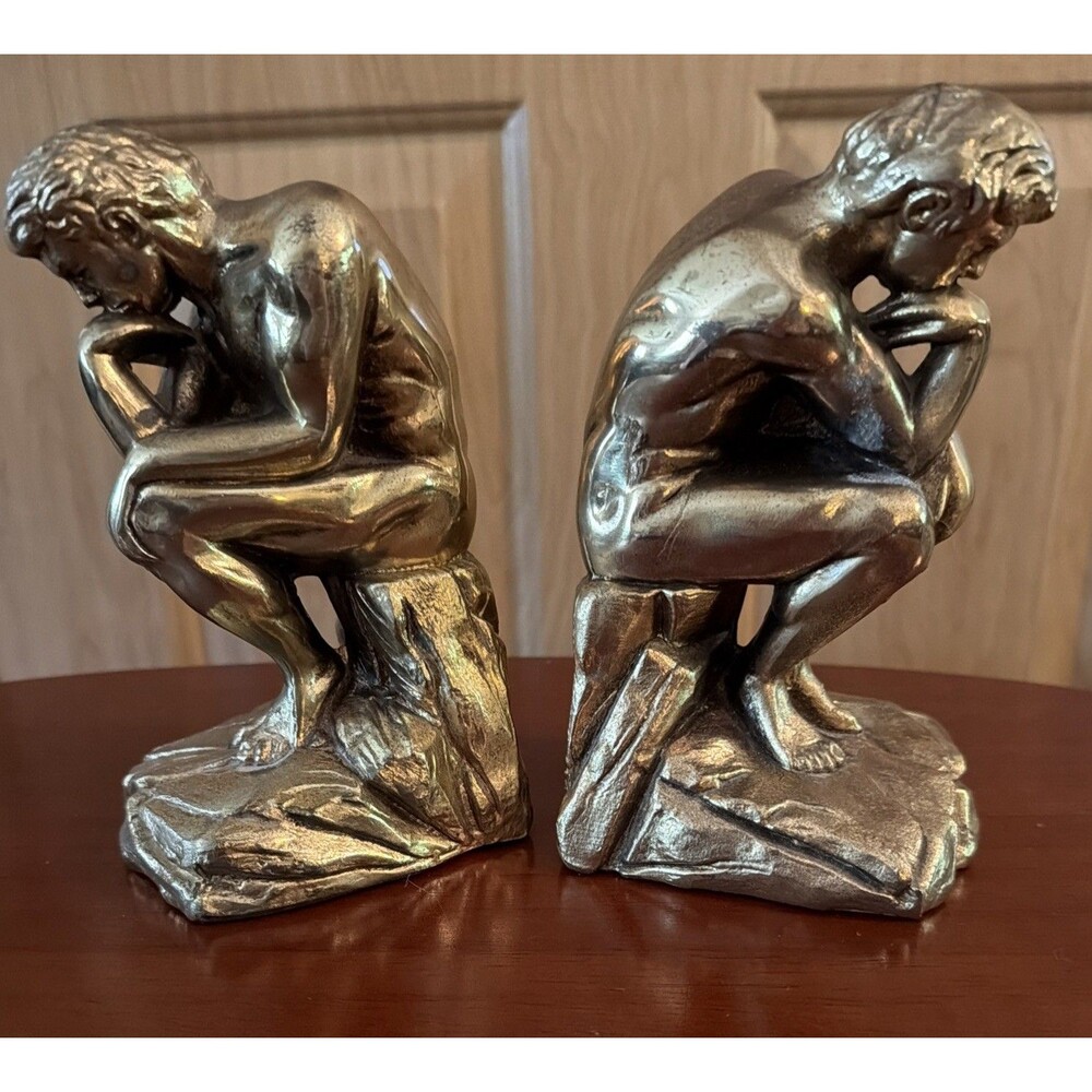 Vintage Bronze Tone Thinker Bookends Heavy Metal Classical Nude Sculptures. GUC!